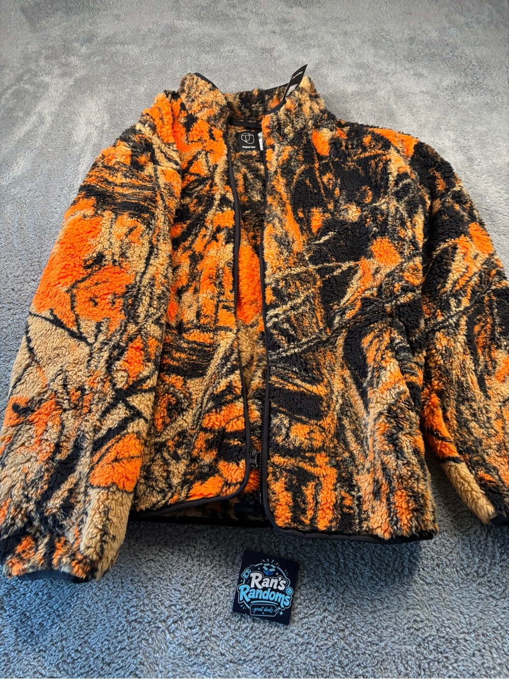 New Large Original Use Men’s High Pile Fleece Jacket Orange Camo Full Zip